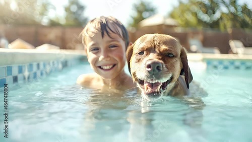 A young boy and a dog playfully wading in a swimming pool. The boy and dog appear to be having a great time, with the boy smiling and the dog looking directly at the camera.