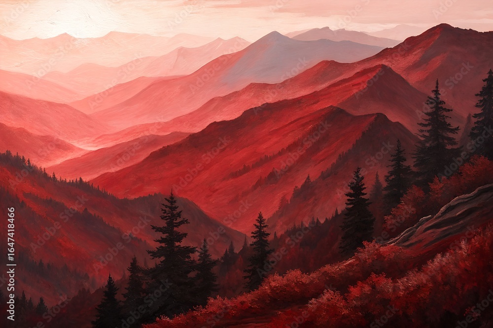 Obraz premium Red mountains and forest landscape at sunset create a tranquil scenery