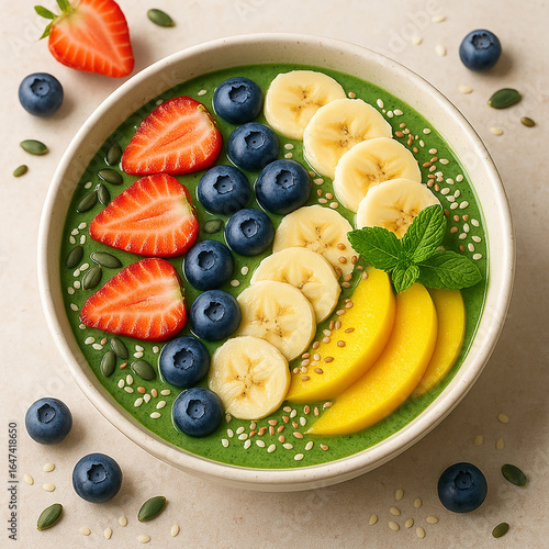 Healthy smoothie bowl with fruits and seeds, bright natural colors