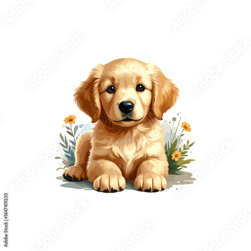 Adorable golden retriever puppy with a sweet expression, isolated digital art with flowers