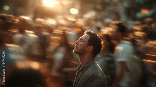 Man Standing Still in Busy City Crowd of Rushing People