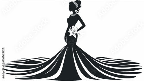 A black and white silhouette illustration of a woman in an elegant mermaid-style evening gown.