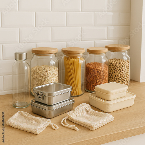 Minimal kitchen with glass jars and zero-waste containers, daylight