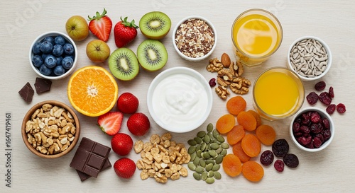 An overhead view of a colorful and healthy food spread with bowls of yogurt, blueberries, seeds, nuts, and chocolate, surrounded by fresh fruits and orange juice.