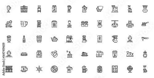 Coffee shop icon set. Minimal vector illustrations. Includes latte, bar stool, coffee bag, blender, coffee pot, filter, maker, grinder, cup, barista, menu and more. Editable stroke.
