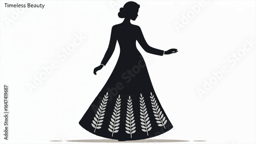 A black and white silhouette illustration of a woman in traditional South Asian attire