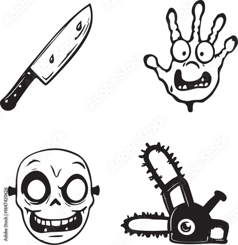 Horror Icon Vector Set – Knife, Skull, Chainsaw, and Screaming Handprint Face in Black and White for Halloween or Thriller Themes