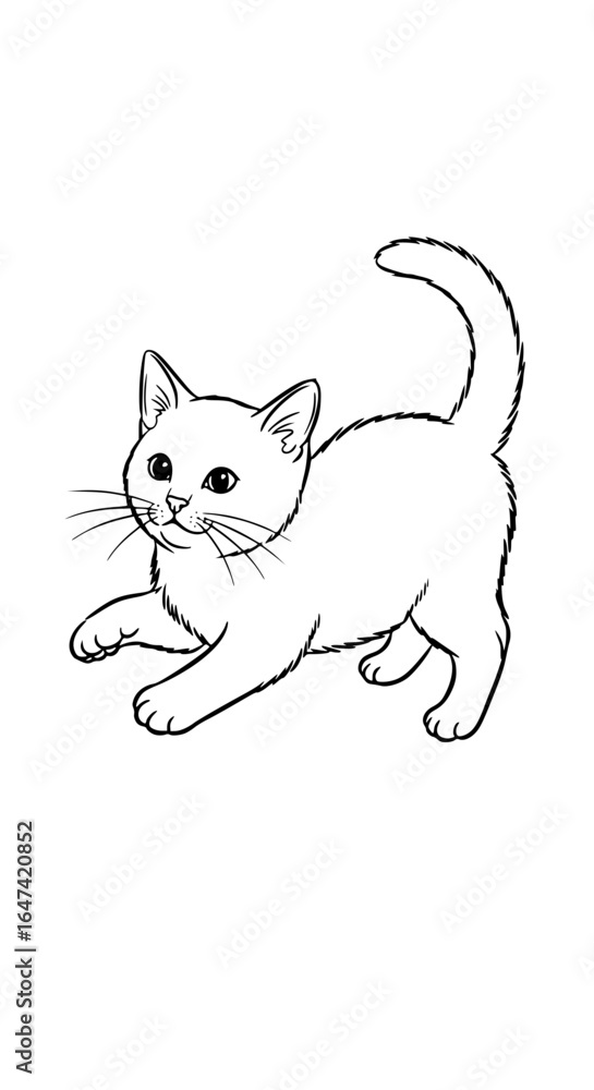 Naklejka premium Cute black and white vector drawing of a playful kitten, hand-drawn style, simple lines, isolated