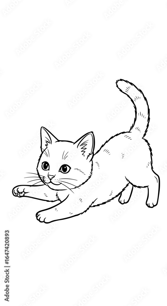 Fototapeta premium Cute black and white vector drawing of a playful kitten, hand-drawn style, simple lines, isolated