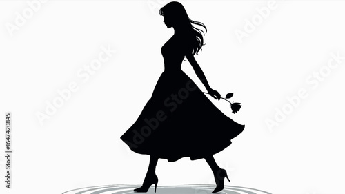 A black silhouette illustration of a woman in a flowing dress against a white background 
