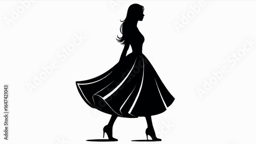 A black silhouette illustration of a woman in a flowing dress against a white background 