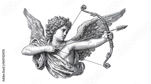 Vintage engraving sketch of Cupid angel with wings aiming bow and arrow in classical romantic illustration style