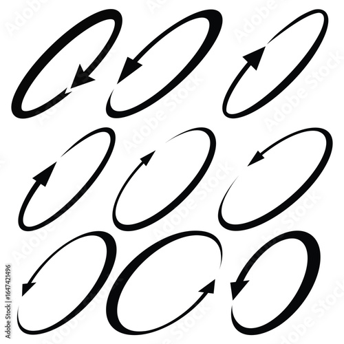 Minimal black-and-white design of nine elliptical shapes with bold, curved arrows creating circular motion on a white background. Symmetrical, hand-drawn style, flat perspective.