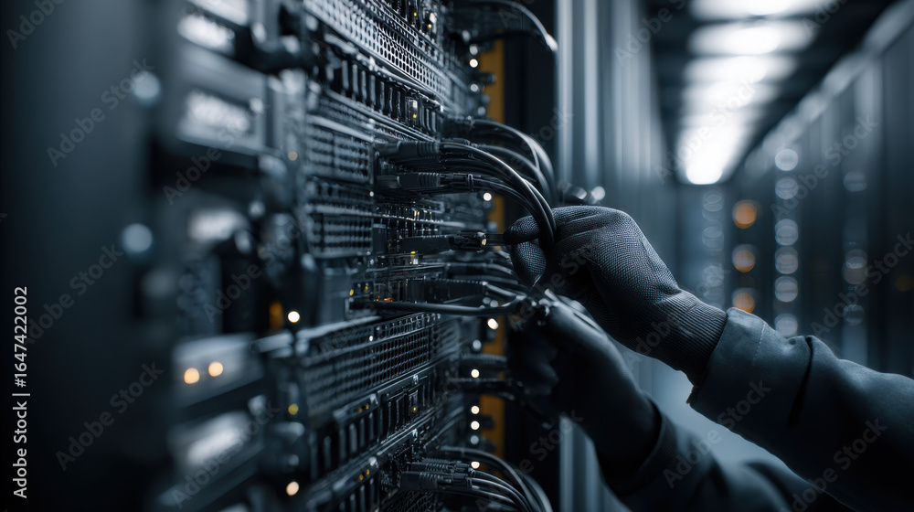 Fototapeta premium Technician connecting cables in a data center, focusing on network installation and hardware maintenance.