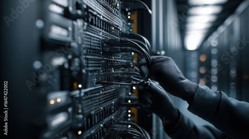 Technician connecting cables in a data center, focusing on network installation and hardware maintenance.