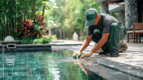 A professional pool cleaner meticulously scrubs the edge of a sparkling clean pool.