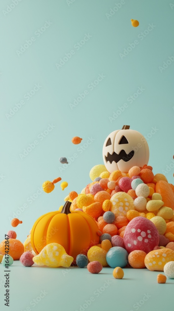 Fototapeta premium Colorful Halloween candy with a pumpkin and a spooky jack-o'-lantern on a blue background.
