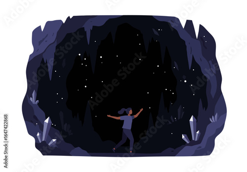 Woman Exploring a Dark Cave with Crystals and Stalactites