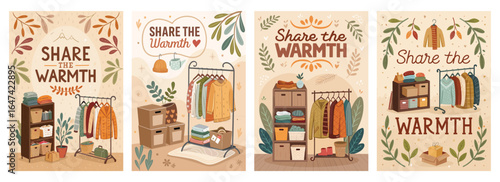 Charming illustration promoting the theme 'Share the Warmth' with cozy clothing and autumnal colors.
