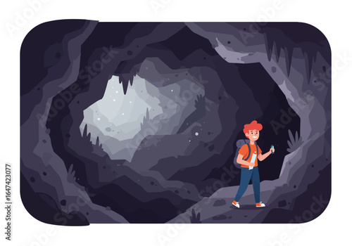 Cartoon Hiker Exploring a Dark Cave with Stalactites and Stalagmites