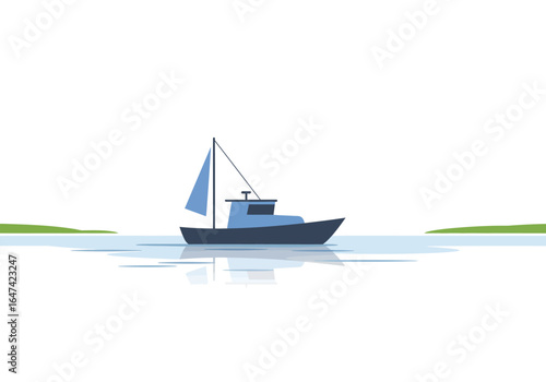 Blue Sailboat on Water with Reflection