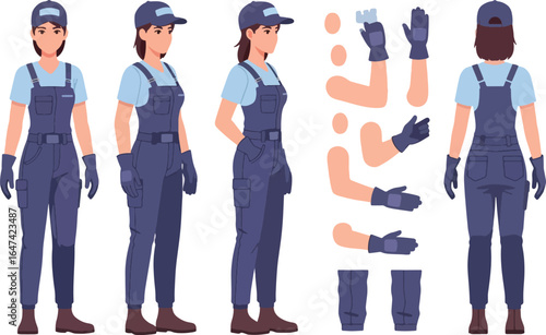 Cartoon woman in overalls and cap with various arm poses illustration.