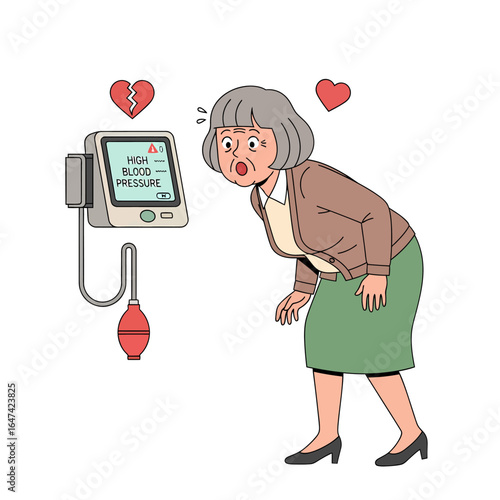 Shocked senior woman seeing high blood pressure result, heart disease risk vector.