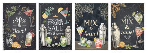 Colorful cocktail illustrations on chalkboard-style backgrounds promoting a mix and save sale.