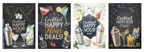 Colorful cocktail illustrations with vibrant designs promoting happy hour deals.