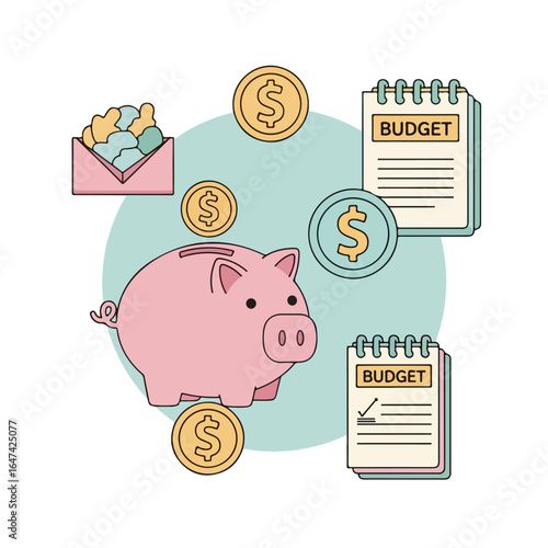 Vector illustration of a pink piggy bank with coins representing savings and finance