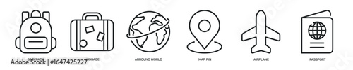 Travel thin line icon set. Flight, backpacker, holiday minimal editable stroke icons