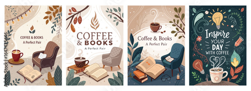 Four cozy illustrations featuring coffee and books, perfect for a relaxing day indoors.