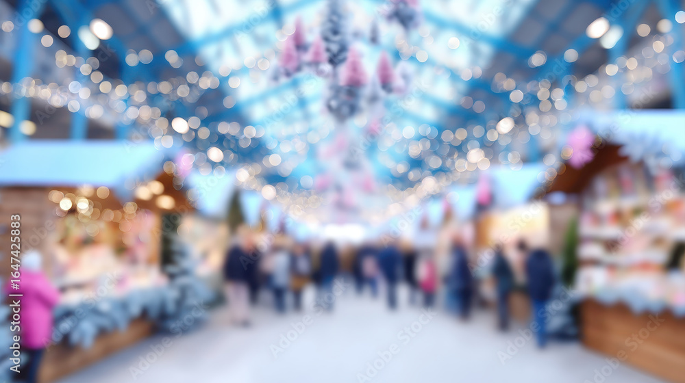 Fototapeta premium Christmas banner background sale with festive market scene and blurred people walking under decorative lights creating joyful holiday atmosphere