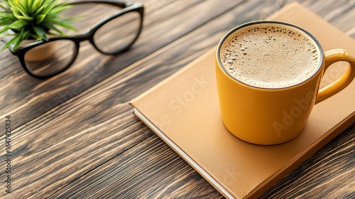 Yellow Mug on Book With Glasses and Potted Plant on Wooden Desk Surface Top View