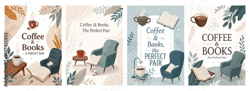Charming illustrations showcasing coffee and books, perfect for cozy reading moments.