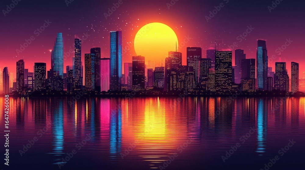 Fototapeta premium A vibrant, neon-infused cityscape pulsates in a geometric abstract style, its buildings reaching for the digital sky, bathed in an ethereal glow 