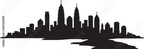 Black silhouette of a city skyline with a river white