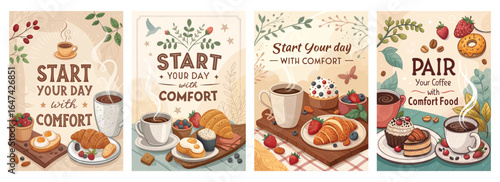Cozy morning illustrations featuring coffee and comfort food, perfect for inviting a sense of warmth and joy.