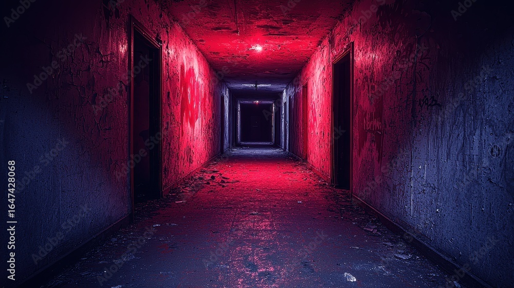 Obraz premium In the heart of a neon-drenched metropolis, a dimly lit alleyway pulsated with an otherworldly luminescence, its concrete walls adorned with cryptic graffiti and casting an eerie glow upon the 