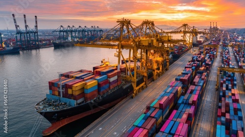 Wallpaper Mural A bustling shipping port showcases a large cargo vessel being unloaded by cranes against a vibrant sunset. Colorful containers are lined up along the dock Torontodigital.ca