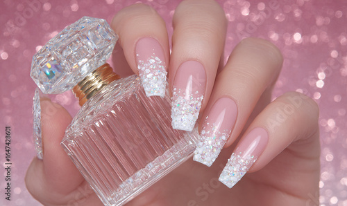 PRIMO PIANO DI UNGHIE CON MANICURE BALLERINA E FLACONE DI PROFUMO ROSA