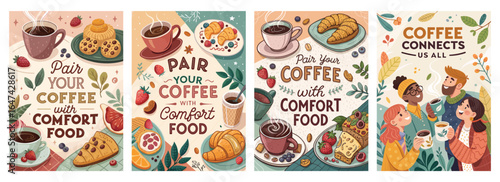 Colorful coffee-themed illustrations promoting comfort food pairings, featuring various pastries and drinks.