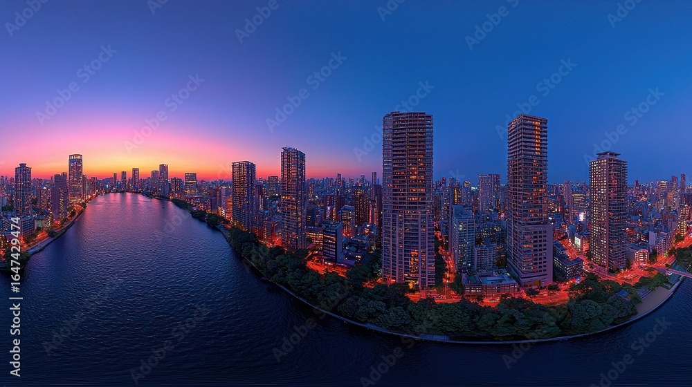Obraz premium A breathtaking 360-degree panorama of Cyberpunk Night City, rendered in stunning HDRI equirectangular projection 