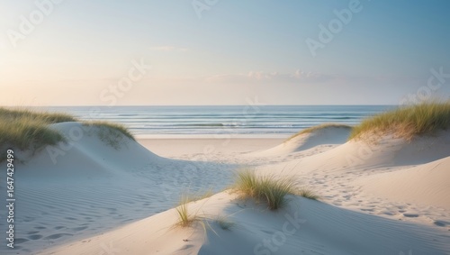 Fototapeta Naklejka Na Ścianę i Meble -  Sunny beach with sand dunes and grassy patches, leading to calm ocean waves under a clear sky.