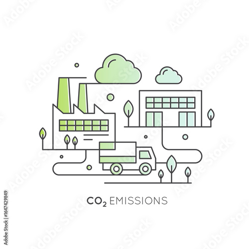 CO2 emissions capture vector illustration icon, factory, logistics, trucks, carbon neutral concepts, renewable energy, emission reduction, climate change, eco-friendly industry, cloud, green, eco
