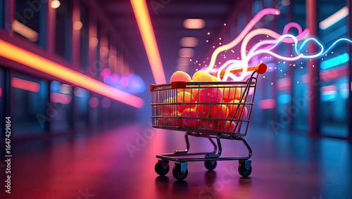 Shopping cart filled with produce in a vibrant neon-lit corridor.