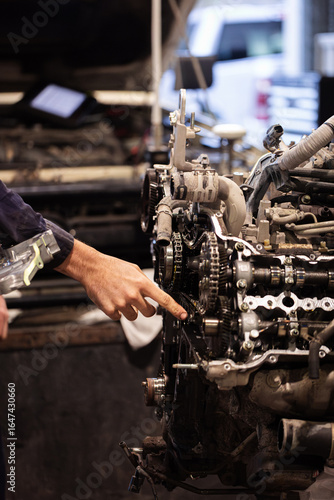 Aussie mechanics hand pointing on a partially disassembled internal combustion engine