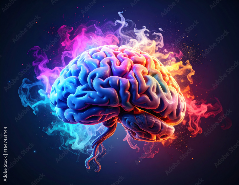 Obraz premium Futuristic AI Brain of Smoke and Particles with Neurons and Glowing Microchip Core