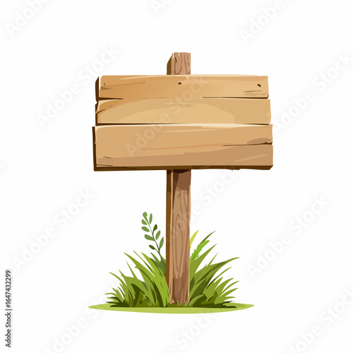 A rustic, old wooden signboard on a grassy field provides an empty, blank space for your custom message