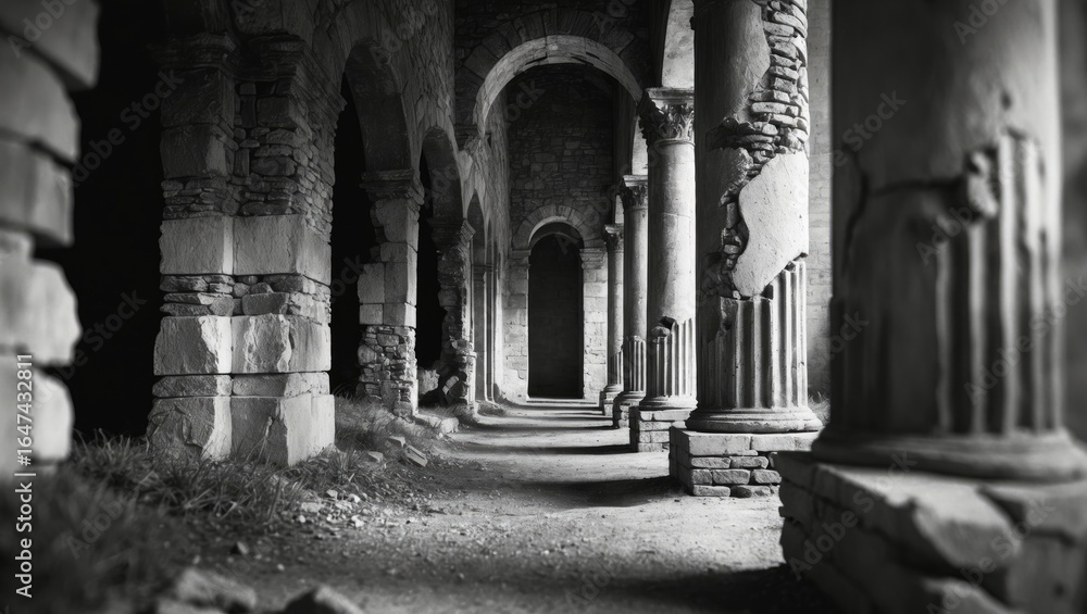 Fototapeta premium Ancient ruins with columns and arches, ancient architecture, historical site, old structure, archaeological remains, timeless history.